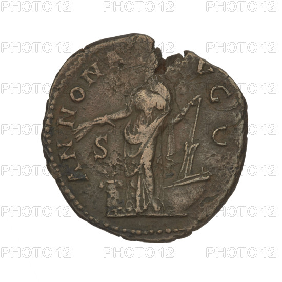 Hadrian (76–138; Roman emperor 117–138). Obverse: head of Hadrian in laurel wreath facing right; rim inscription: HADRIANVSAVGCOS III PP. Reverse: Annona (personification) standing left, wearing a long robe, holding ears of corn above a modius in her right hand and a rudder attached to a ship's prow in her left, facing right; rim inscription: ANNONAAVG; letters SC on both sides of the figure. Dated 134–138. Rome, Roman Empire (27 BC–476). Coin; weight 10.80 g.