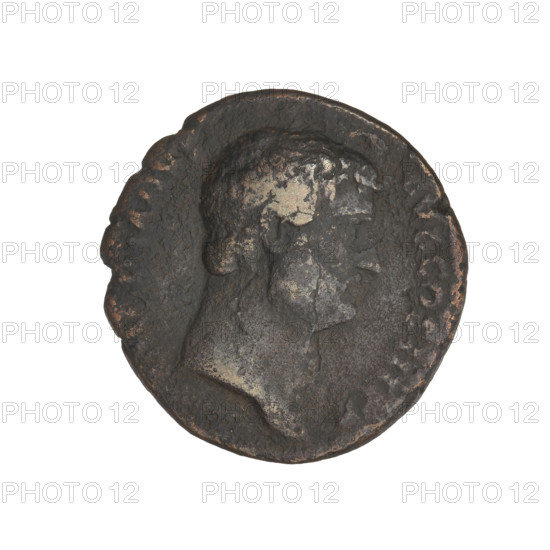 Hadrian (76–138; Roman emperor 117–138); Annona (personification); laurel wreaths; rudders; heads. Obverse: head of Hadrian in laurel wreath facing right; rim inscription ANVSAVGCOS III PP. Reverse: Annona standing left, wearing a long robe, holding ears of corn above a modius in her right hand, holding a rudder attached to a ship's prow in her left hand facing right; rim inscription ANNONA; on both sides of the figure the letters SC. Date: 134–138. Rome, Roman Empire (27 BC–476). Coin; weight 9.35 g.