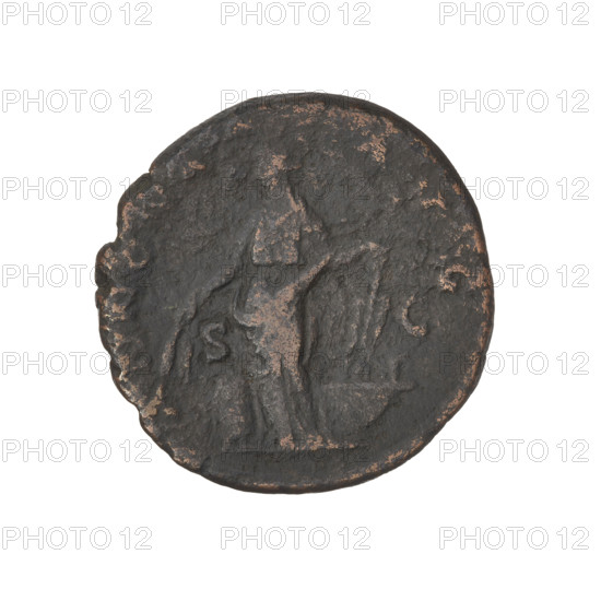 Hadrian (76–138; Roman emperor 117–138). Obverse: head of Hadrian in laurel wreath facing right; rim inscription: ANVSAVGCOS III PP. Reverse: Annona (personification) standing left, wearing a long robe, holding ears of corn above a modius in her right hand and a rudder attached to a ship's prow in her left, facing right; rim inscription: ANNONA; letters SC on both sides of the figure. Date: 134–138. Place: Rome, Roman Empire. Object: coin, weight 9.35 g.