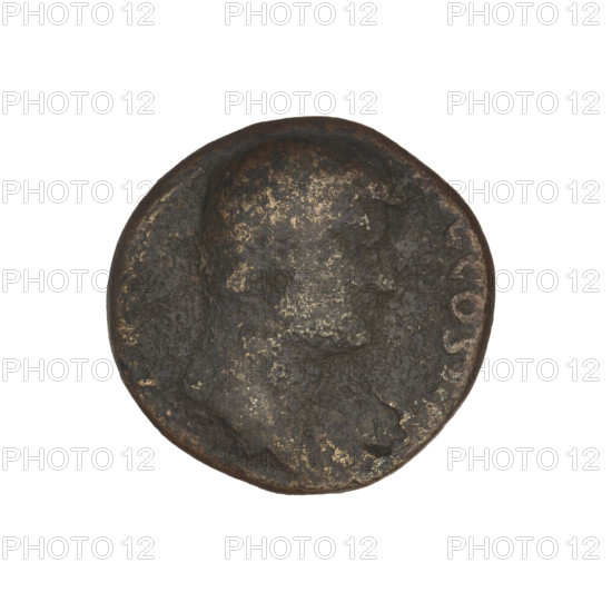 Hadrian (76–138; Roman emperor 117–138). Obverse: head of Hadrian in laurel wreath facing right; rim inscription: COSI. Reverse: Annona (personification) standing left, wearing a long robe, holding ears of corn above a modius in her right hand and holding a rudder attached to a ship's prow in her left hand facing right; rim inscription: ANNON; on both sides of the figure the letters SC. Date: 134–138. Place: Rome, Roman Empire. Medium: coin. Weight: 9.40 g.