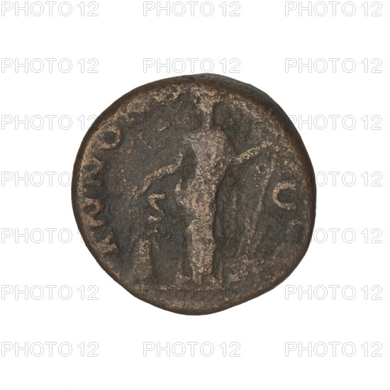 Hadrian (76–138; Roman emperor 117–138). Obverse: head of Hadrian in laurel wreath facing right; rim inscription: COSI. Reverse: Annona (personification) standing left, wearing a long robe, holding ears of corn above a modius in her right hand and a rudder attached to a ship's prow in her left, facing right; rim inscription: ANNON; letters SC on both sides of the figure. Date: 134–138. Place: Rome, Roman Empire (27 BC–476). Coin, weight 9.40 g.