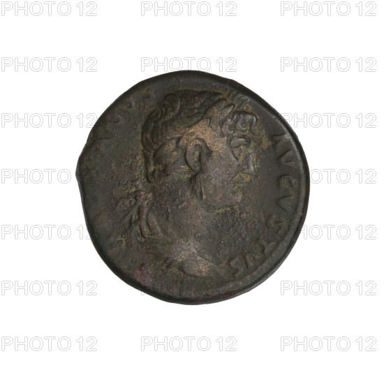 Hadrian (76–138; Roman emperor 117–138). Coin (Roman Empire, 134–138, Rome). Obverse: head of Hadrian in laurel wreath facing right; rim inscription: HADRIANVS AVGVSTVS. Reverse: Tyche seated on a rock facing left, wearing a long robe, holding ears of corn in her right hand, resting her left hand on a rock; a river god flowing below her to the left; rim inscription obliterated; letters S C on both sides of the figure. Weight: 9.20 g.