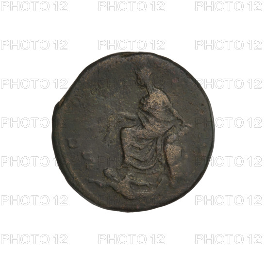 Hadrian (76–138; Roman emperor 117–138). Obverse: head of Hadrian in laurel wreath facing right; rim inscription: HADRIANVS AVGVSTVS. Reverse: Tyche (personification) sitting on a rock facing left, wearing a long robe, holding ears of corn in her right hand, resting her left hand on a rock, a river god flowing below her to the left; rim inscription: obliterated; on both sides of the figure the letters SC. Date: 134–138. Place: Rome, Roman Empire (27 BC–476). Medium: coin. Weight: 9.20 g.
