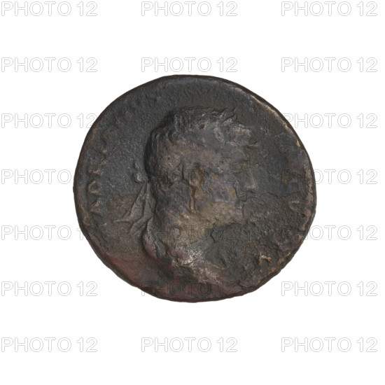 Hadrian (76–138; Roman emperor 117–138). Obverse: head of Hadrian in laurel wreath facing right; rim inscription: HADRI·VSTVS. Reverse: Tyche (personification) sitting on a rock facing left, wearing a long dress, holding ears of corn in her right hand, resting her left hand on a rock; a river god flowing below her to the left; rim inscription: obliterated; on both sides of the figure the letters SC. 134–138. Rome, Roman Empire (27 BC–476). Coin; weight 7.18 g.