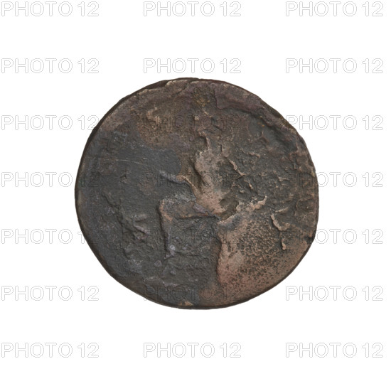 Hadrian (76–138; Roman emperor 117–138). Obverse: head of Hadrian in laurel wreath facing right; rim inscription: HADRI VSTVS. Reverse: Tyche (personification) seated on a rock facing left, wearing a long dress, holding ears of corn in her right hand, resting her left hand on a rock; a river god flowing below her to the left; rim inscription: obliterated; on both sides of the figure the letters SC. Date: 134–138. Rome, Roman Empire (27 BC–476). Coin, weight 7.18 g.