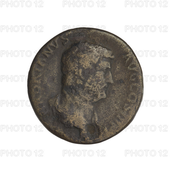 Hadrian (76–138; Roman emperor 117–138). Obverse: head of Hadrian in laurel wreath facing right; rim inscription: HADRIANVSAVGCOSIIIPP. Reverse: Africa seated on a rock facing left, wearing a long dress with an elephant-shaped headdress, holding a scorpion in her right hand, resting her left hand on a rock and holding a cornucopia; in front of her is a basket of fruit; rim inscription obliterated; on both sides of the figure the letters SC. Date: 134–138. Rome, Roman Empire (27 BC–476). Coin, weight 10.40 g.