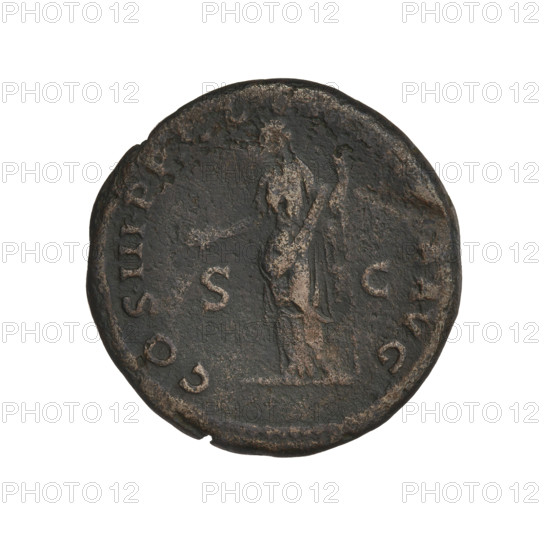 Hadrian (76–138; Roman emperor 117–138). Obverse: head of Hadrian in laurel wreath facing right; rim inscription: HADRIANVS AVGVS. Reverse: Clementia (personification) standing left, dressed in a long robe, holding a patera in her outstretched right hand and a long vertical scepter in her left; rim inscription: COS III; letters SC on both sides of the figure. Date: 132–134. Rome, Roman Empire (27 BC–476). Coin, weight 11.20 g.