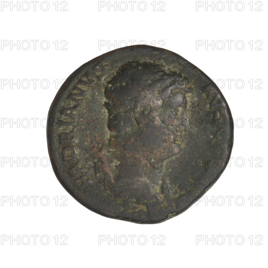 Hadrian (76–138; Roman emperor 117–138). Coin (134–138, Rome). Obverse: head of Hadrian in laurel wreath facing right; rim inscription: HADRIANVSAVGCOSIIIPP. Reverse: personification of Dacia seated left on a rock, wearing a short tunic, holding a standard in her right hand and a curved sword raised in her left; rim inscription: obliterated; letters SC on both sides of the figure. Weight: 10.61 g.