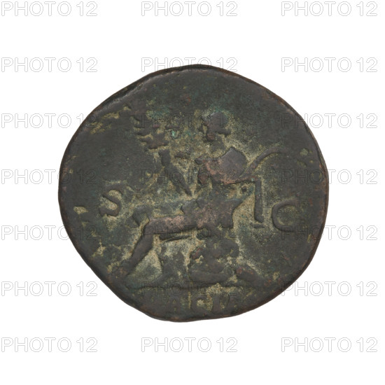 Hadrian (76–138; Roman emperor 117–138). Obverse: head of Hadrian in laurel wreath facing right; rim inscription: HADRIANVSAVGCOSIIIPP. Reverse: Dacia personified, seated left on a rock, wearing a short tunic, holding a standard in her right hand and a curved sword raised in her left; rim inscription: obliterated; letters SC on both sides of the figure; legend: DACIA. Coin, 134–138, Rome; weight 10.61 g.