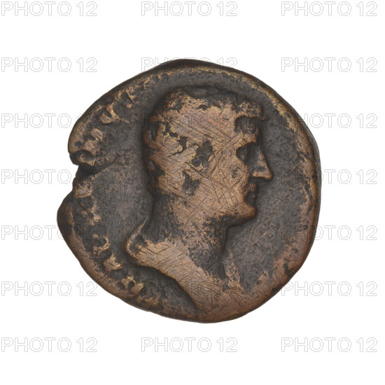 Hadrian (76–138; Roman emperor 117–138). Obverse: head of Hadrian in laurel wreath facing right; rim inscription: HADRIANVS. Reverse: Felicitas (personification) standing left, wearing a long robe, holding a branch in her right hand and a cornucopia in her left; rim inscription obliterated; letters on the sides: SC. Roman coin, 119–138, Rome. Weight: 8.90 g.