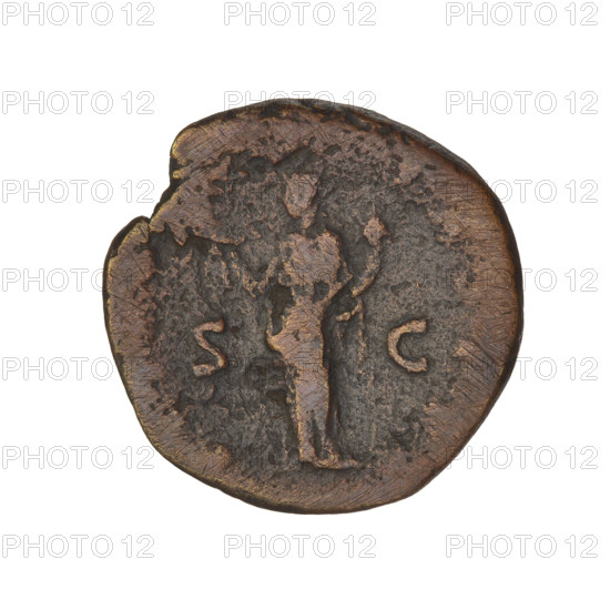 Hadrian (76–138; Roman emperor 117–138). Obverse: head of Hadrian in laurel wreath facing right; rim inscription: HADRIANVS. Reverse: Felicitas standing left, wearing a long robe, holding a branch in her right hand and a cornucopia in her left; rim inscription obliterated; letters on the sides: SC. Coin, Rome, 119–138, Roman Empire (27 BC–476). Weight 8.90 g.