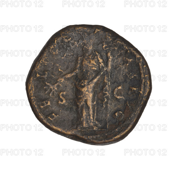 Hadrian (76–138; Roman emperor 117–138). Obverse: head of Hadrian in laurel wreath facing right; rim inscription: HADRIANVS. Reverse: Felicitas (personification) standing left, wearing a long robe, holding a branch in her right hand and a vertical sceptre in her left; rim inscription: FELIC; on the sides the letters SC. Bronze coin, 119–138 CE, weight 13.85 g.