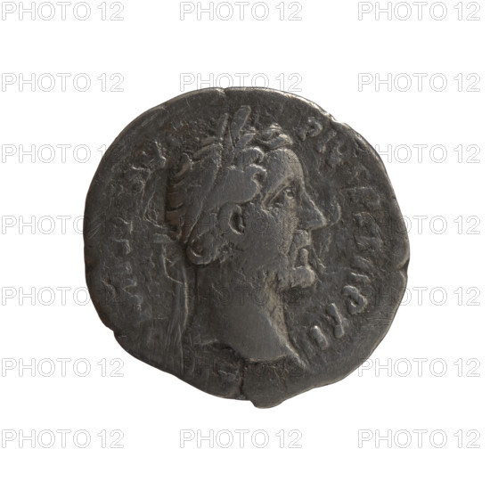 Denarius of Antoninus Pius (86–161; Roman emperor 138–161). Obverse: head of the emperor in a laurel wreath facing right, inscription 'ANTONINVS AVG PIVS P TR P XII' (abbreviated). Reverse: Salus (personification) standing left, holding a patera above an altar around which a snake coils, and a rudder resting on a globe in her left hand; reverse inscription 'COS IIII' (circumferential). Date: 148–149. Roman Empire, Rome. Coin; diameter ~17–18 mm, weight 2.75 g, axis 165°.