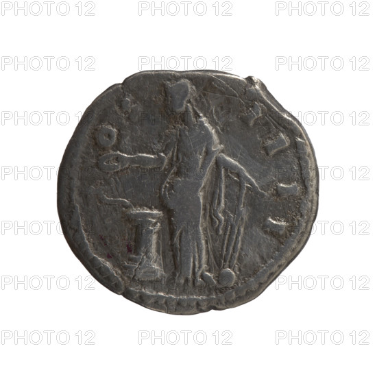 Denarius, Antoninus Pius (86–161; Roman emperor 138–161). Obverse: head of the emperor in a laurel wreath facing right, inscription around: ANTONINVS AVG PIVS P TR P XII. Reverse: Salus standing left, holding a patera above an altar around which a snake coils, and a rudder resting on a globe in her left hand; inscription C·OS·IIII around. Date: 148–149. Roman Empire, Rome. Coin. Diameter 17.0–18.0 mm; weight 2.75 g; axis 165°.