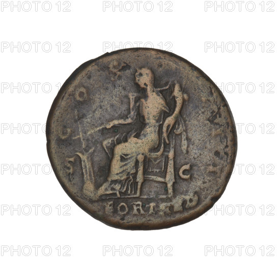 Hadrian (76–138; Roman emperor 117–138). Obverse: head of Hadrian in laurel wreath facing right; rim inscription HADRIANVS AVGVSTVS. Reverse: Fortuna seated left, wearing a long robe, holding a ship's rudder in her right hand and a cornucopia in her left; rim inscription COS III; control letters S C on the sides; legend/mark FORTRED. Circa 119–138, Rome, Roman Empire (27 BC–476). Coin; weight 9.35 g.