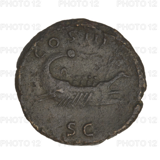 Hadrian (76–138; Roman emperor 117–138). Obverse: Bust of Hadrian with laurel wreath facing right; rim inscription HADRIANVS AVGVSTVS. Reverse: A galley sailing left with people rowing; rim inscription COS III; control mark SC. 119–138 CE, Rome, Roman Empire. Coin; weight 11.13 g.