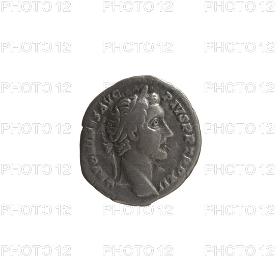 Denarius, Antoninus Pius (86–161; Roman emperor 138–161). Obverse: head of Antoninus Pius in a laurel wreath facing right, legend ANTONINVS AVG PIVS PP TR P XII. Reverse: Salus standing left, holding a patera above an altar around which a snake coils, and a rudder in her left hand; letters C-OS-, III around. Iconography: altars, personifications, Salus, snakes, rudders. Date: 148–149. Culture: Roman Empire. Place: Rome. Object type/material: coin (denarius). Diameter: 17.0–17.5 mm. Weight: 3.00 g. Axis: 180°.