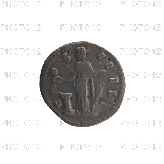 Denarius of Antoninus Pius (reigned 138–161). Obverse: head of the emperor in a laurel wreath facing right, inscription ANTONINV, AVG - PIVS PP TR P XII. Reverse: Salus standing left, feeding a snake coiled around an altar with a patera in her right hand and holding a rudder on a globe in her left, inscription C - OS - IIII. Dated 148–149. Roman Empire; Rome. Coin. Diameter 17.0–18.0 mm, weight 2.90 g, axis 165°.