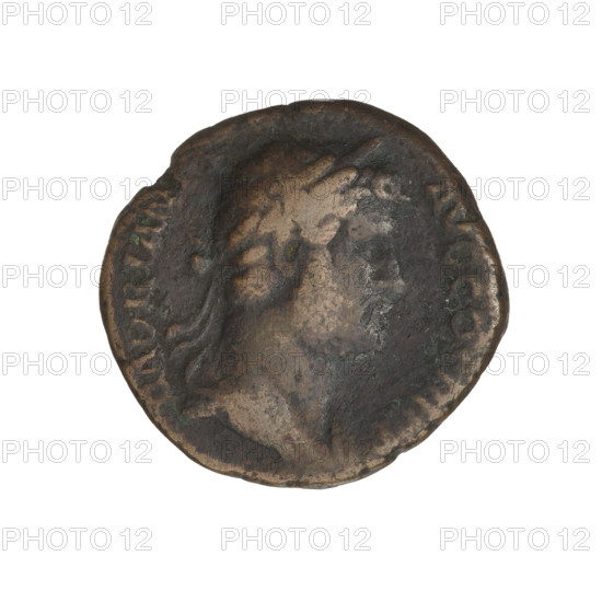 Hadrian (76–138; Roman Emperor 117–138). Coin (10.20 g), Rome, 134–138. Obverse: Bust of Hadrian with laurel wreath facing right; rim inscription HADRIANVSAVGCOSIIIPP. Reverse: Hadrian standing right, wearing a toga, holding a scroll in his left hand; opposite him stands Felicitas (personification) to the left, wearing a long robe, they shake hands, and Felicitas holds a caduceus in her left hand; rim inscription FELICITAS AVG; mark SC.