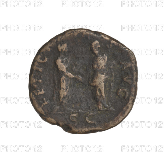 Hadrian (76–138; Roman Emperor 117–138). Coin (134–138, Rome, Roman Empire). Obverse: Bust of Hadrian with laurel wreath facing right; rim inscription: HADRIANVSAVGCOSIIIPP. Reverse: Hadrian standing right, wearing a toga, holding a scroll in his left hand; opposite him stands Felicitas (personification) to the left, wearing a long robe, they shake hands; Felicitas holds a caduceus in her left hand; rim inscription: FELICITAS AVG. Bronze (SC). Weight: 10.20 g.