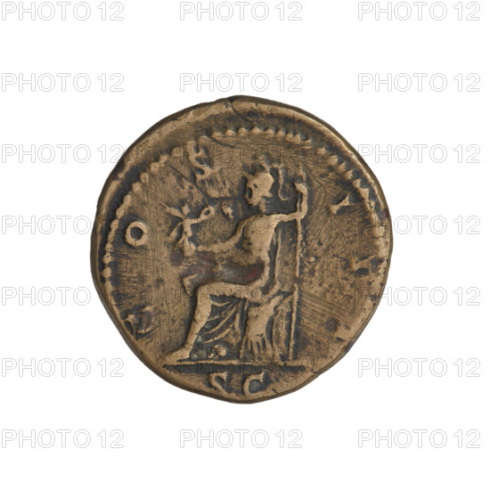 Hadrian (76–138; Roman emperor 117–138); obverse: bust of Hadrian with laurel wreath facing right; rim inscription 'HADRIANVS AVGVSTVS'. Reverse: Roma seated left, wearing a long robe and helmet, holding spears in her left hand and a figure of Victoria on her outstretched right arm; rim inscription 'COS II PP'; control mark 'SC' at bottom. Date: 119–138. Place: Rome, Roman Empire (27 BC–476). Object: coin, weight 9.20 g.
