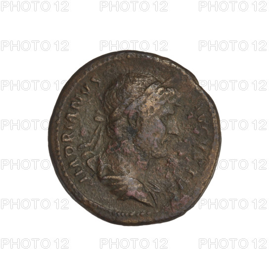 Hadrian (76–138; Roman emperor 117–138); obverse: bust of Hadrian with laurel wreath facing right, rim inscription HADRIANVS AVGVSTVS; reverse: Roma seated left wearing a long robe and helmet, holding spears in her left hand and a figure of Victoria on her outstretched right hand, rim inscription COS II PP, control mark SC; dated 119–138, Rome, Roman Empire (27 BC–476); coin, weight 9.12 g