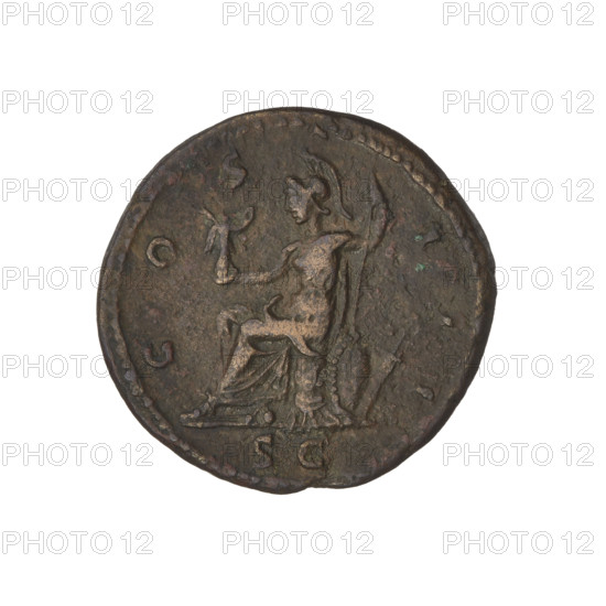 Hadrian (76–138; Roman emperor 117–138); coin (9.12 g), 119–138, Rome, Roman Empire (27 BC–476). Obverse: Bust of Hadrian with laurel wreath facing right; rim inscription: HADRIANVS AVGVSTVS. Reverse: Roma seated left, wearing a long robe and helmet, holding spears in her left hand and a figure of Victoria on her outstretched right hand; rim inscription: COS II PP; exergue: SC. Subjects: laurel wreaths, Roma (mythology), busts, spears.