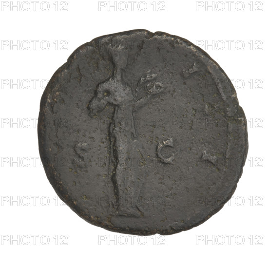 Hadrian (76–138; Roman emperor 117–138). Obverse: Bust of Hadrian with laurel wreath facing right; rim inscription: AVGVSTVS. Reverse: Salus (personification) standing right, wearing a long robe, holding a snake in her right hand and a patera in her left hand from which she feeds the snake; rim inscription: III; on the sides: SC. 119–138 CE, Rome, Roman Empire. Coin; weight 9.30 g.