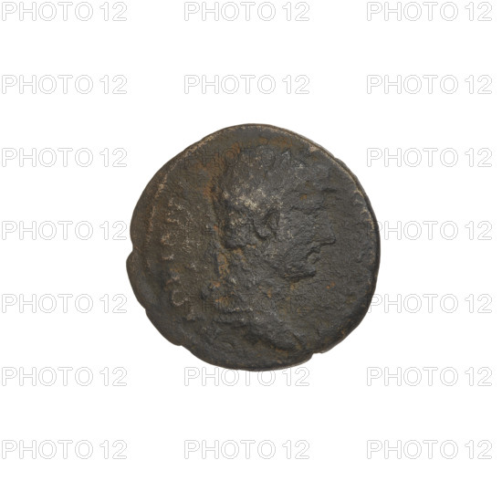 Quarter (coin) of Hadrian (76–138 CE), Roman emperor 117–138; obverse: bust of Hadrian facing right, wearing a laurel wreath; rim inscription: ADRIANVS. Reverse: Roma seated left, wearing armour, holding Victoria in her right hand and a spear in her left; rim inscription illegible; marked SC. Date: 119–138 CE. Place: Rome, Roman Empire. Medium: coin; weight 3.25 g.