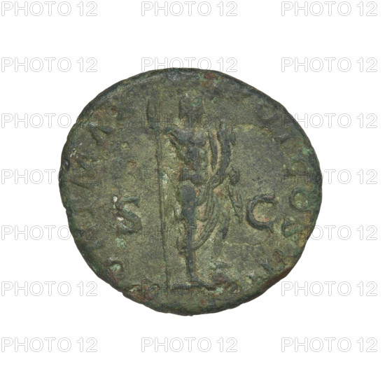 Hadrian (76–138; Roman emperor 117–138), cornucopia (iconographic), busts, laurel wreaths, Virtus (personification). Obverse: Bust of Hadrian with laurel wreath facing right; rim inscription: IMPCAESARTRAIANHA. Reverse: Virtus standing right, wearing a waist-length tunic, holding a vertical spear in his right hand and a cornucopia in his left; rim inscription: PONTMAX TR POT COS III; on the sides: SC. Date: 119–138. Rome, Roman Empire (27 BC–476). Coin, weight 9.65 g.