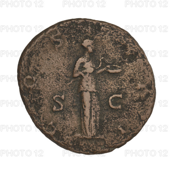 Hadrian (76–138; Roman emperor 117–138). Coin, 119–138 CE, Rome. Obverse: Bust of Hadrian with laurel wreath facing right; rim inscription HADRIANVS AVGVSTVS. Reverse: Salus (personification) standing right, wearing a long robe, holding a snake in her right hand and a patera in her left from which she feeds the snake; rim inscription COS III; on the sides: SC. Weight 9.75 g.