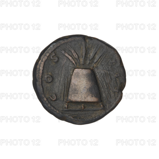 Quarter (coin) of Hadrian (76–138; Roman emperor 117–138). Obverse: bust of Hadrian facing right wearing a laurel wreath; rim inscription HADRIANVSAVGVSTVS. Reverse: modius standing straight with two ears of corn emerging to the right, left, and upwards; rim inscription COS III. Date: 119–138. Rome, Roman Empire (27 BC–476). Coin, weight 3.08 g.