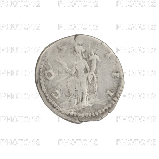 Denarius, Hadrian (76–138; Roman emperor 117–138). Obverse: head of Hadrian in laurel wreath facing right; rim inscription: HADRIANVS AVGVSTVS. Reverse: Abundantia standing left, wearing a long robe, holding a hook in her right outstretched hand and a cornucopia in her left, her right leg resting on an inverted modius; rim inscription: COS III. 125–128 CE, Rome, Roman Empire. Coin; weight 3.20 g.