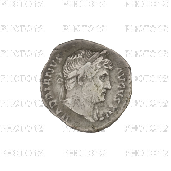 Denarius, Hadrian (76–138; Roman emperor 117–138). Obverse: head of Hadrian in laurel wreath facing right; rim inscription HADRIANVS AVGVSTVS. Reverse: Abundantia standing left, wearing a long robe, holding a hook in her right outstretched hand and a cornucopia in her left, her right leg resting on an inverted modius; rim inscription COS III. 125–128 CE, Rome. Material: silver coin. Weight: 3.11 g.