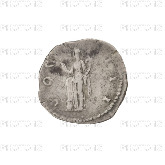 denarius, Hadrian (76–138; Roman emperor 117–138); Obv.: head of Hadrian in laurel wreath facing right; rim inscription: HADRIANVS AVGVSTVS. Rev.: Abundantia standing left, wearing a long robe, holding a hook in her right outstretched hand and a cornucopia in her left, her right leg resting on an inverted modius; rim inscription: COS III. 125–128, Rome; silver coin; weight 3.11 g.