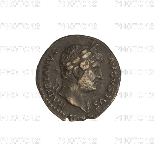 denarius, Hadrian (76–138; Roman emperor 117–138); Obv.: head of Hadrian in laurel wreath facing right; rim inscription: HADRIANVS AVGVSTVS. Rev.: Abundantia standing left, wearing a long robe, holding a hook in her right outstretched hand, a cornucopia in her left, her right leg resting on an inverted modius; rim inscription: COS III. 125–128 CE, Rome, Roman Empire; silver coin; weight 3.11 g