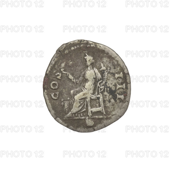 Denarius, Hadrian (76–138; Roman emperor 117–138). Obverse: head of Hadrian in laurel wreath facing right; rim inscription HADRIANVS AVGVSTVS. Reverse: Abundantia seated left, wearing a long robe, holding a hook in her right outstretched hand and a cornucopia in her left, modius standing in front of her; rim inscription COS III; in the field a dot/globe. 125–128 CE, Rome, Roman Empire (27 BC–476). Coin; weight 3.15 g.