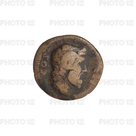 Quarter (coin) of Hadrian (76–138; Roman emperor 117–138). Obverse: bust of Hadrian right, wearing a laurel wreath; rim inscription: HADRIANVS. Reverse: bust of Zeus Ammon right, with ram's horns; rim inscription: COS. Date: 119–138. Rome, Roman Empire (27 BC–476). Material: coin. Weight: 2.75 g.
