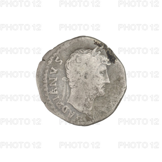 Denarius, Hadrian (76–138; Roman emperor 117–138). Obverse: head of Hadrian in laurel wreath facing right; rim inscription HADRIANVSAVGVSTVS. Reverse: Concordia seated left, dressed in a long robe, holding a patera in her outstretched right hand, with her left hand resting on the figure of Spes on a small base at the back of the chair; rim inscription COSIII. Date: 125–128. Rome, Roman Empire (27 BC–476). Coin; weight 3.15 g.