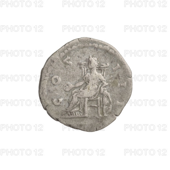 Denarius of Hadrian (76–138; Roman emperor 117–138). Obverse: head of Hadrian in laurel wreath facing right; rim inscription HADRIANVS AVGVSTVS. Reverse: Concordia seated left, dressed in a long robe, holding a patera in her outstretched right hand, with her left hand resting on the figure of Spes on a small base at the back of the chair; rim inscription COS III. Date: 125–128 CE, Rome. Roman coin, weight 3.15 g.