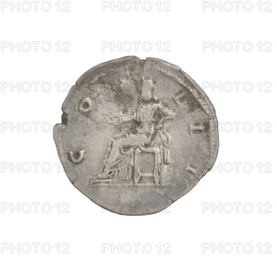 Denarius, Hadrian (76–138; Roman emperor 117–138). Obverse: head of Hadrian in laurel wreath facing right; rim inscription HADRIANVS AVGVSTVS. Reverse: Concordia seated left, dressed in a long robe, holding a patera in her outstretched right hand, with her left hand resting on the figure of Spes on a small base at the back of the chair; rim inscription COS III. 125–128 CE, Rome. Coin; weight 3.00 g.