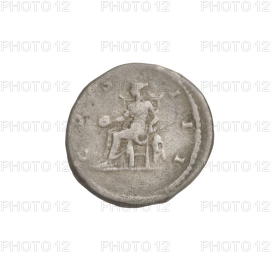 Denarius, Hadrian (76–138; Roman emperor 117–138). Obverse: head of Hadrian in laurel wreath facing right; rim inscription HADRIANVSAVGVSTVS. Reverse: Concordia seated left, dressed in a long robe, holding a patera in her outstretched right hand, with her left hand resting on the figure of Spes on a small base at the back of the chair; rim inscription COSIII. Date: 125–128. Rome, Roman Empire (27 BC–476). Coin, weight 3.17 g.