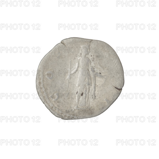 Denarius of Hadrian (76–138 CE; Roman emperor 117–138). Obverse: head of Hadrian in laurel wreath facing right; rim inscription HADRIANVS AVGVSTVS. Reverse: Diana standing right, wearing a long robe, holding an arrow in her right hand and a bow in her left; rim inscription COS. Bronze/metal coin, c. 125–128 CE, Rome; weight 3.10 g.