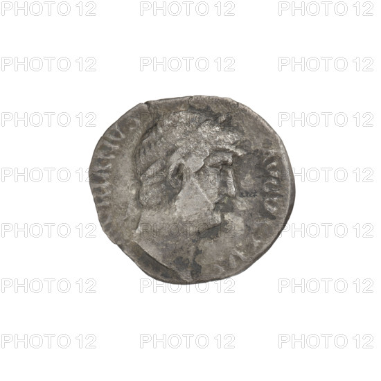 Denarius of Hadrian (76–138 CE), Roman emperor 117–138. Obverse: head of Hadrian in laurel wreath facing right; rim inscription HADRIANVS AVGVSTVS. Reverse: Diana standing right, wearing a long robe, holding an arrow in her right hand and a bow in her left; rim inscription COS. Date: 125–128 CE, Rome. Coin; weight 2.70 g.