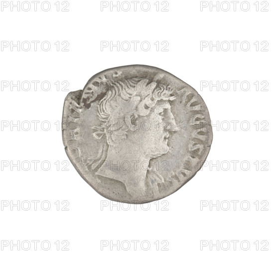 Denarius, Hadrian (76–138; Roman emperor 117–138). Obverse: head of Hadrian in laurel wreath facing right; rim inscription: HADRI AVGVSTVS. Reverse: Genius standing left, dressed in waist-length robe, holding patera over an altar in right hand and cornucopia in left; rim inscription: COS III. Date: 125–128. Material: Roman coin; weight 3.01 g.