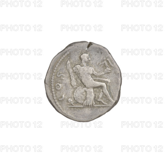 Denarius, Hadrian (76–138; Roman emperor 117–138). Obverse: head of Hadrian in laurel wreath facing right; rim inscription HADRIANVS AVGVSTVS. Reverse: Hercules seated naked on armor facing right, holding a club rested on a round shield in his right hand and a figure of Victoria in his left; a helmet lies behind him; rim inscription COS. 125–128 CE, Rome, Roman Empire (27 BC–476). Coin; weight 3.60 g.