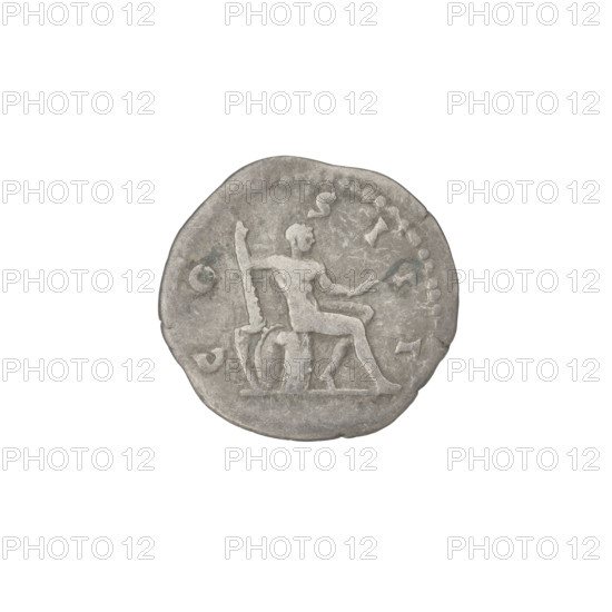 denarius, Hadrian (76–138; Roman emperor 117–138); Obv.: head of Hadrian in laurel wreath facing right; rim inscription: HADRIANVSAVGVSTVS. Rev.: Hercules seated naked facing right on armor, right hand holding a club resting on a round and oval shield, left hand holding a figure of Victoria; rim inscription: COS III. Date: 125–128. Rome, Roman Empire (27 BC–476). Coin; weight 3.00 g.