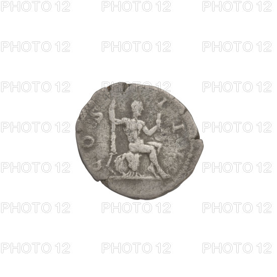 Denarius of Hadrian (76–138 CE), Roman emperor 117–138 CE. Obverse: head of Hadrian in laurel wreath facing right; rim inscription HADRIANVSAVGVSTVS. Reverse: Hercules seated naked on armor facing right, holding a club resting on a round and oval shield in his right hand and a figure of Victoria in his left; rim inscription COSIII. Dated 125–128 CE, Rome. Coin, weight 3.05 g.