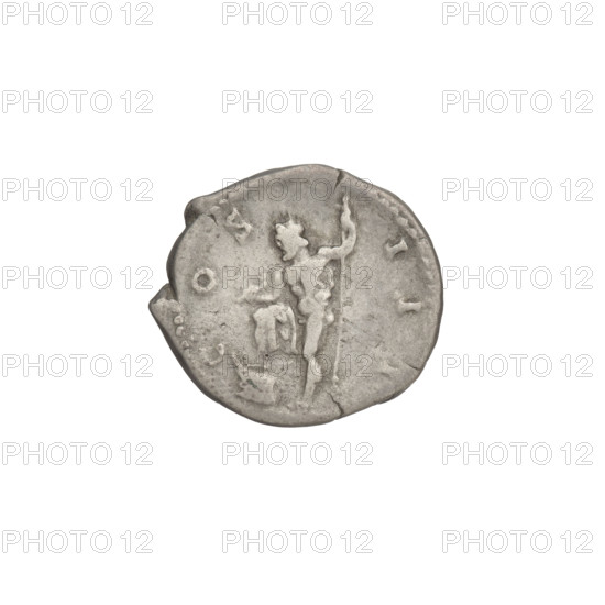 denarius, Hadrian (76–138; Roman emperor 117–138); Obv.: head of Hadrian in laurel wreath facing right; rim inscription: HADRIANVS AVGVSTVS. Rev.: Neptune standing left, naked except for a robe thrown over the right thigh, right leg placed on the prow of a ship, holding a dolphin in his right hand and a trident in his left; rim inscription: COS III. 125–128 CE, Rome, Roman Empire (27 BCE–476 CE); coin; weight 3.25 g.
