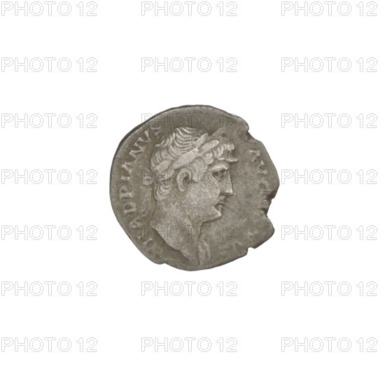 Denarius, Hadrian (76–138; Roman emperor 117–138). Obverse: head of Hadrian in laurel wreath facing right; rim inscription: HADRIANVS AVGVSTVS. Reverse: Neptune standing left, naked except for a robe thrown over the right thigh, right foot on the prow of a ship, holding an acrostolium in his right hand and a trident in his left; rim inscription: COS III. 125–128 CE, Rome, Roman Empire (27 BCE–476 CE). Coin; weight 2.87 g.